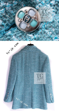 CHANEL 23PS Turquoise Green Blue CC Gripox Buttons Tweed Jacket 36 38 シャネル ターコイズ グリーン ブルー グリポワ 宝石 ボタン ツイード ジャケット 即発