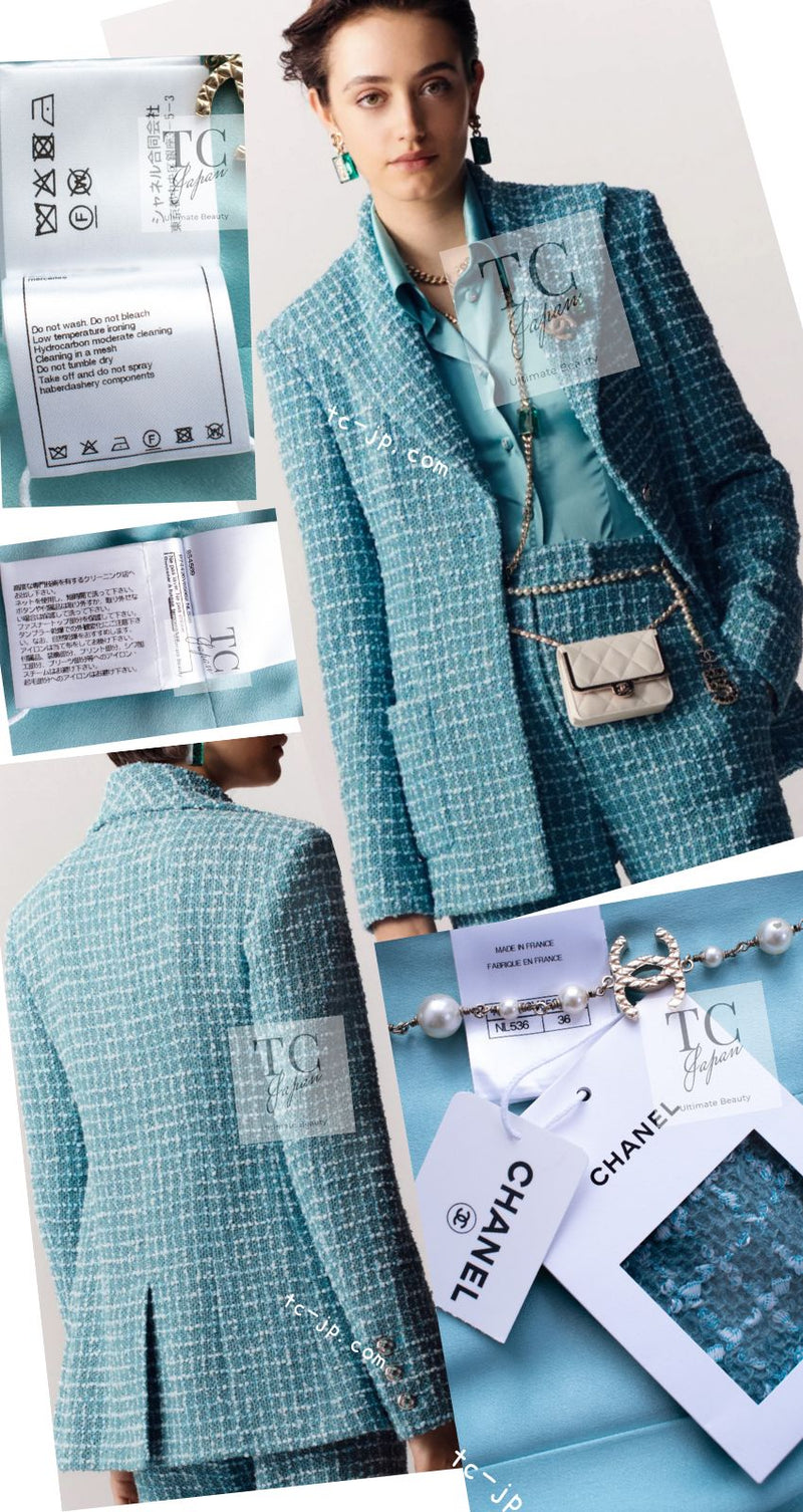 CHANEL 23PS Turquoise Green Blue CC Gripox Buttons Tweed Jacket 36 38 シャネル ターコイズ グリーン ブルー グリポワ 宝石 ボタン ツイード ジャケット 即発