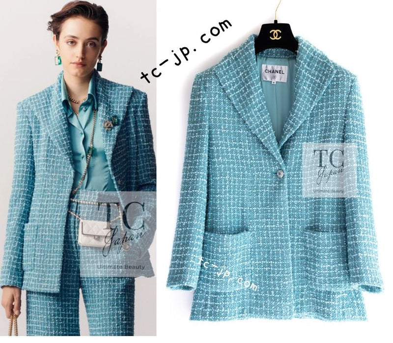 CHANEL 23PS Turquoise Green Blue CC Gripox Buttons Tweed Jacket 36 38 シャネル ターコイズ グリーン ブルー グリポワ 宝石 ボタン ツイード ジャケット 即発