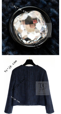 CHANEL 21B Black Navy CC Crystal Embellished Buttons Wool Tweed Jacket 34 シャネル ブラック ネイビー 紺 クリスタル CC ロゴ ボタン ウール ツイード ジャケット