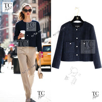 CHANEL 21B Black Navy CC Crystal Buttons Wool Tweed Jacket 36 38 シャネル ブラック ネイビー 紺 クリスタル CC ロゴ ボタン ウール ツイード ジャケット 即発