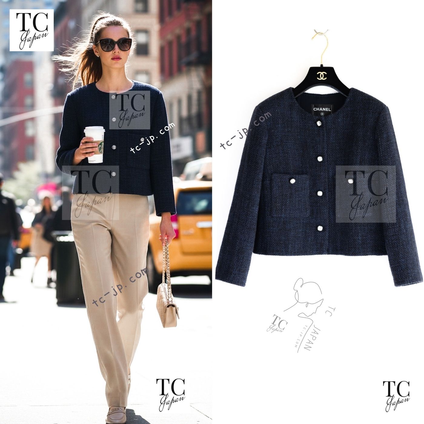 CHANEL 21B Black Navy CC Crystal Buttons Wool Tweed Jacket 36 38 シャネル ブラック ネイビー 紺 クリスタル CC ロゴ ボタン ウール ツイード ジャケット 即発