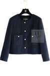 CHANEL 21B Black Navy CC Crystal Embellished Buttons Wool Tweed Jacket 34 シャネル ブラック ネイビー 紺 クリスタル CC ロゴ ボタン ウール ツイード ジャケット