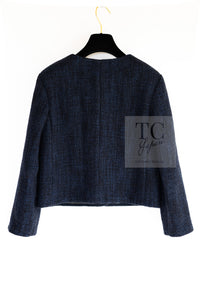 CHANEL 21B Black Navy CC Crystal Embellished Buttons Wool Tweed Jacket 34 シャネル ブラック ネイビー 紺 クリスタル CC ロゴ ボタン ウール ツイード ジャケット