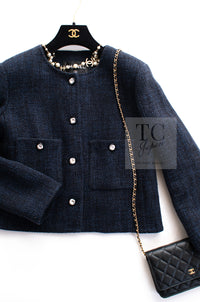 CHANEL 21B Black Navy CC Crystal Embellished Buttons Wool Tweed Jacket 34 シャネル ブラック ネイビー 紺 クリスタル CC ロゴ ボタン ウール ツイード ジャケット