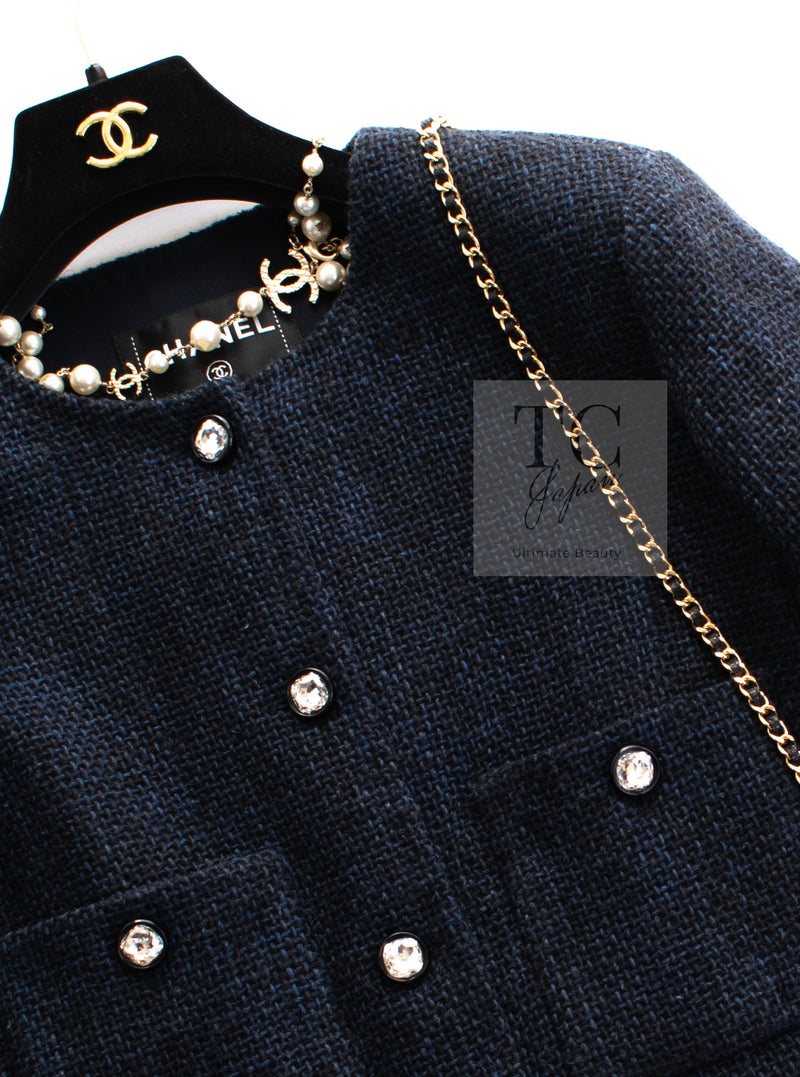 CHANEL 21B Black Navy CC Crystal Embellished Buttons Wool Tweed Jacket 34 シャネル ブラック ネイビー 紺 クリスタル CC ロゴ ボタン ウール ツイード ジャケット