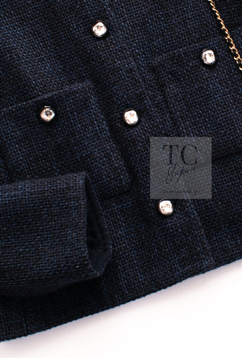 CHANEL 21B Black Navy CC Crystal Embellished Buttons Wool Tweed Jacket 34 シャネル ブラック ネイビー 紺 クリスタル CC ロゴ ボタン ウール ツイード ジャケット