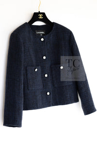 CHANEL 21B Black Navy CC Crystal Embellished Buttons Wool Tweed Jacket 34 シャネル ブラック ネイビー 紺 クリスタル CC ロゴ ボタン ウール ツイード ジャケット