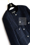 CHANEL 21B Black Navy CC Crystal Embellished Buttons Wool Tweed Jacket 34 シャネル ブラック ネイビー 紺 クリスタル CC ロゴ ボタン ウール ツイード ジャケット