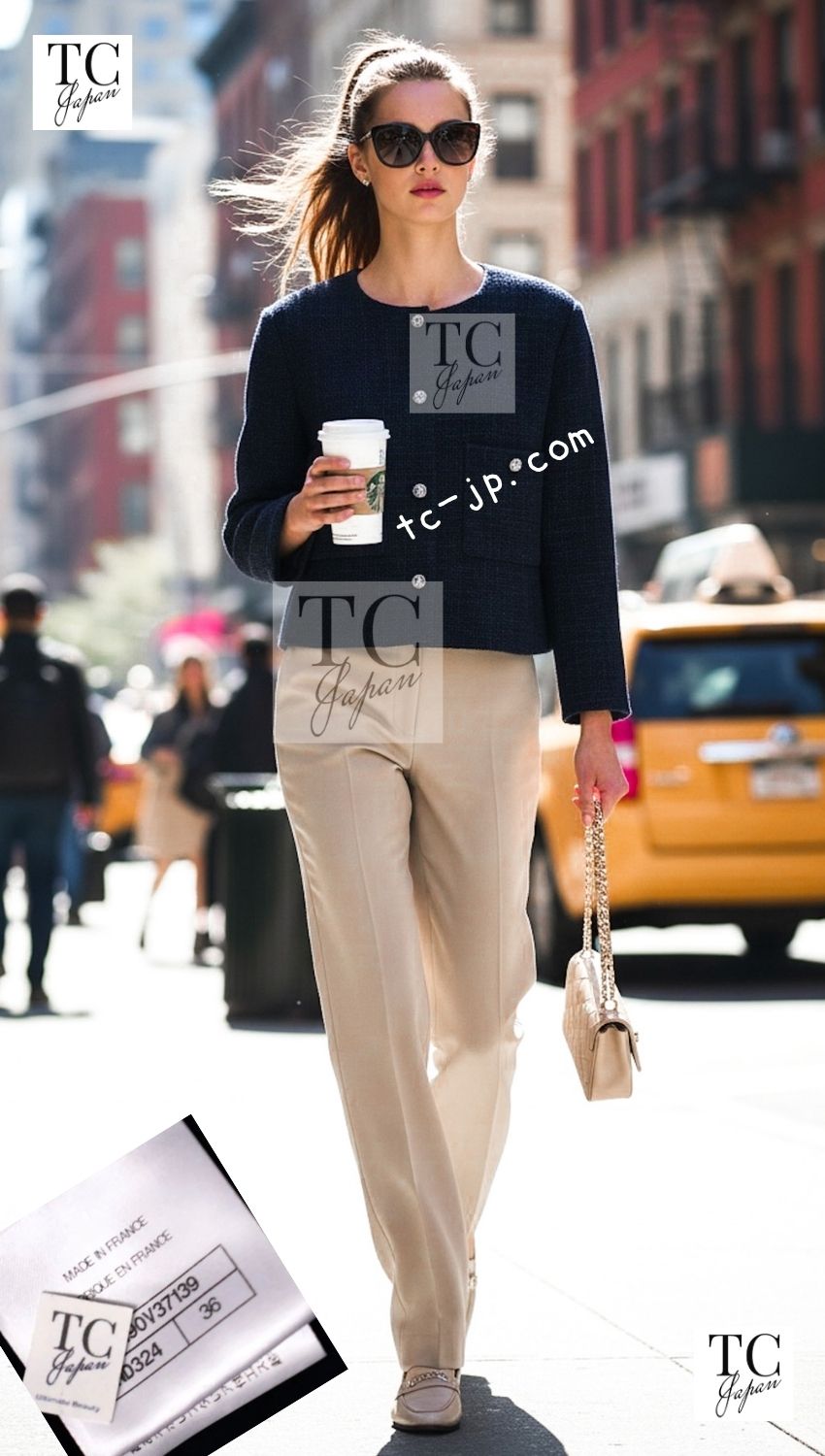CHANEL 21B Black Navy CC Crystal Buttons Wool Tweed Jacket 36 38 シャネル ブラック ネイビー 紺 クリスタル CC ロゴ ボタン ウール ツイード ジャケット 即発
