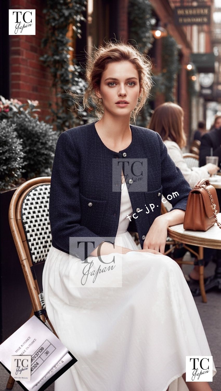 CHANEL 21B Black Navy CC Crystal Buttons Wool Tweed Jacket 36 38 シャネル ブラック ネイビー 紺 クリスタル CC ロゴ ボタン ウール ツイード ジャケット 即発