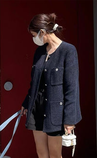 CHANEL 21B Black Navy CC Crystal Buttons Wool Tweed Jacket 36 38 シャネル ブラック ネイビー 紺 クリスタル CC ロゴ ボタン ウール ツイード ジャケット 即発 - TC JAPAN