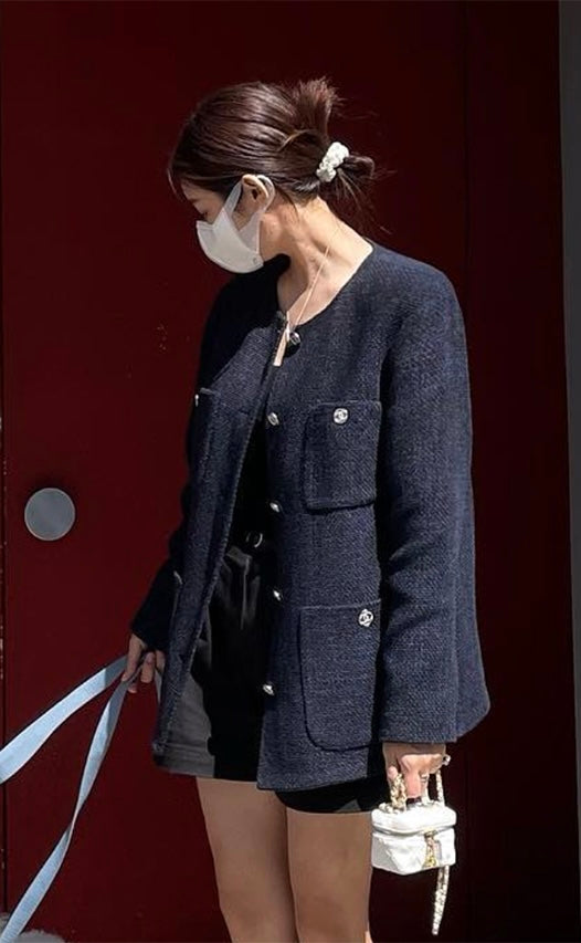 CHANEL 21B Black Navy CC Crystal Buttons Wool Tweed Jacket 36 38 シャネル ブラック ネイビー 紺 クリスタル CC ロゴ ボタン ウール ツイード ジャケット 即発 - TC JAPAN