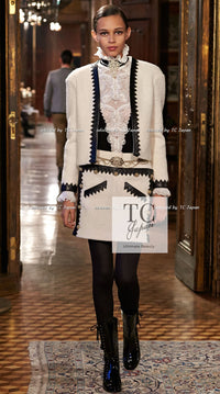 CHANEL 15PF Ivory Wool Mohair Leather Trim Skirt 44 シャネル アイボリー ウール モヘア レザートリム スカート 即発