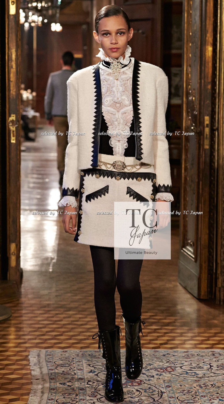CHANEL 15PF Ivory Wool Mohair Leather Trim Skirt 44 シャネル アイボリー ウール モヘア レザートリム スカート 即発
