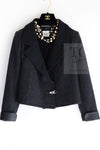 CHANEL 00A Charcoal Gray Black Wool Jacket Lamb Leather Cuffs 34 シャネル チャコールグレー ブラック ウール ジャケット ラム レザー カフス 即発