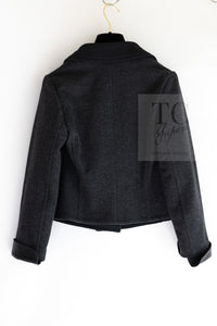 CHANEL 00A Charcoal Gray Black Wool Jacket Lamb Leather Cuffs 34 シャネル チャコールグレー ブラック ウール ジャケット ラム レザー カフス 即発