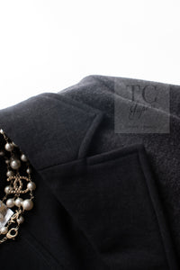 CHANEL 00A Charcoal Gray Black Wool Jacket Lamb Leather Cuffs 34 シャネル チャコールグレー ブラック ウール ジャケット ラム レザー カフス 即発