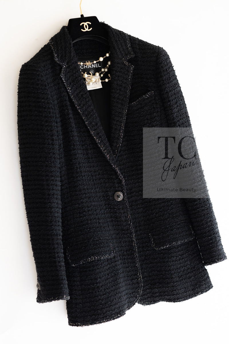 CHANEL 10S Black Silver Trim Cotton Tweed Jacket 34 シャネル ブラック シルバー トリム コットン ツイード ジャケット 即発