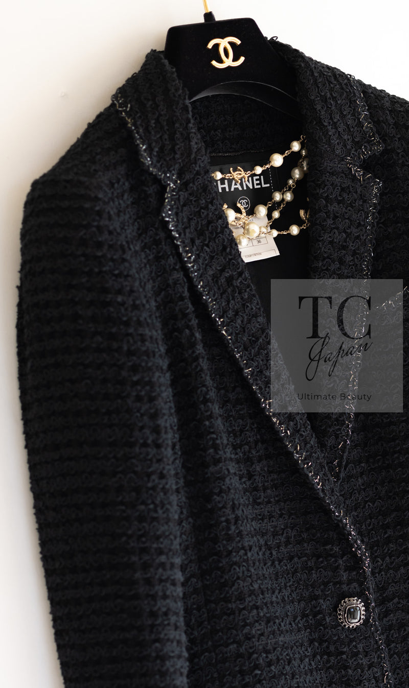 CHANEL 10S Black Silver Trim Cotton Tweed Jacket 34 シャネル ブラック シルバー トリム コットン ツイード ジャケット 即発