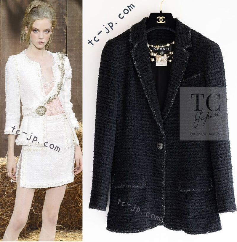 CHANEL 10S Black Silver Trim Cotton Tweed Jacket 34 シャネル ブラック シルバー トリム コットン ツイード ジャケット 即発