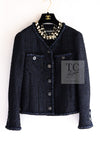 CHANEL 22PS Black Dark Navy Blue Lion Button Tweed Jacket 34 36 シャネル ブラック ダーク ネイビー ブルー ライオン ボタン ツイード ジャケット 即発