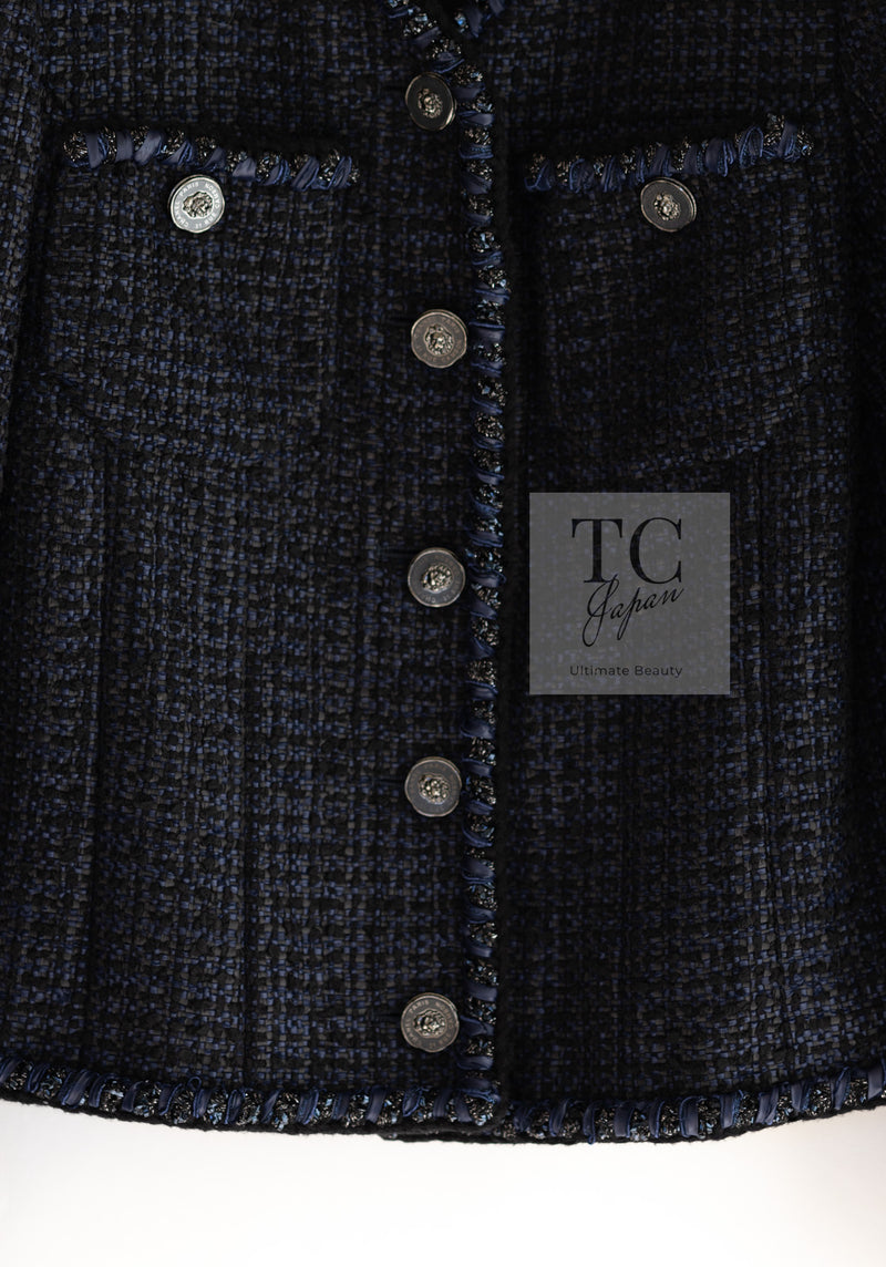 CHANEL 22PS Black Dark Navy Blue Lion Button Tweed Jacket 34 36 シャネル ブラック ダーク ネイビー ブルー ライオン ボタン ツイード ジャケット 即発