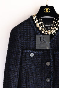 CHANEL 22PS Black Dark Navy Blue Lion Button Tweed Jacket 34 36 シャネル ブラック ダーク ネイビー ブルー ライオン ボタン ツイード ジャケット 即発