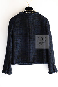 CHANEL 22PS Black Dark Navy Blue Lion Button Tweed Jacket 34 36 シャネル ブラック ダーク ネイビー ブルー ライオン ボタン ツイード ジャケット 即発