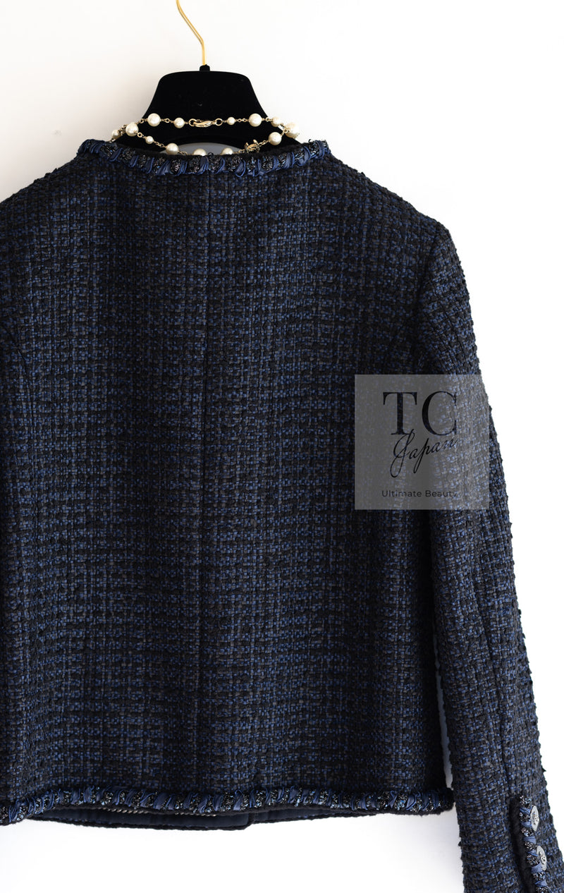 CHANEL 22PS Black Dark Navy Blue Lion Button Tweed Jacket 34 36 シャネル ブラック ダーク ネイビー ブルー ライオン ボタン ツイード ジャケット 即発