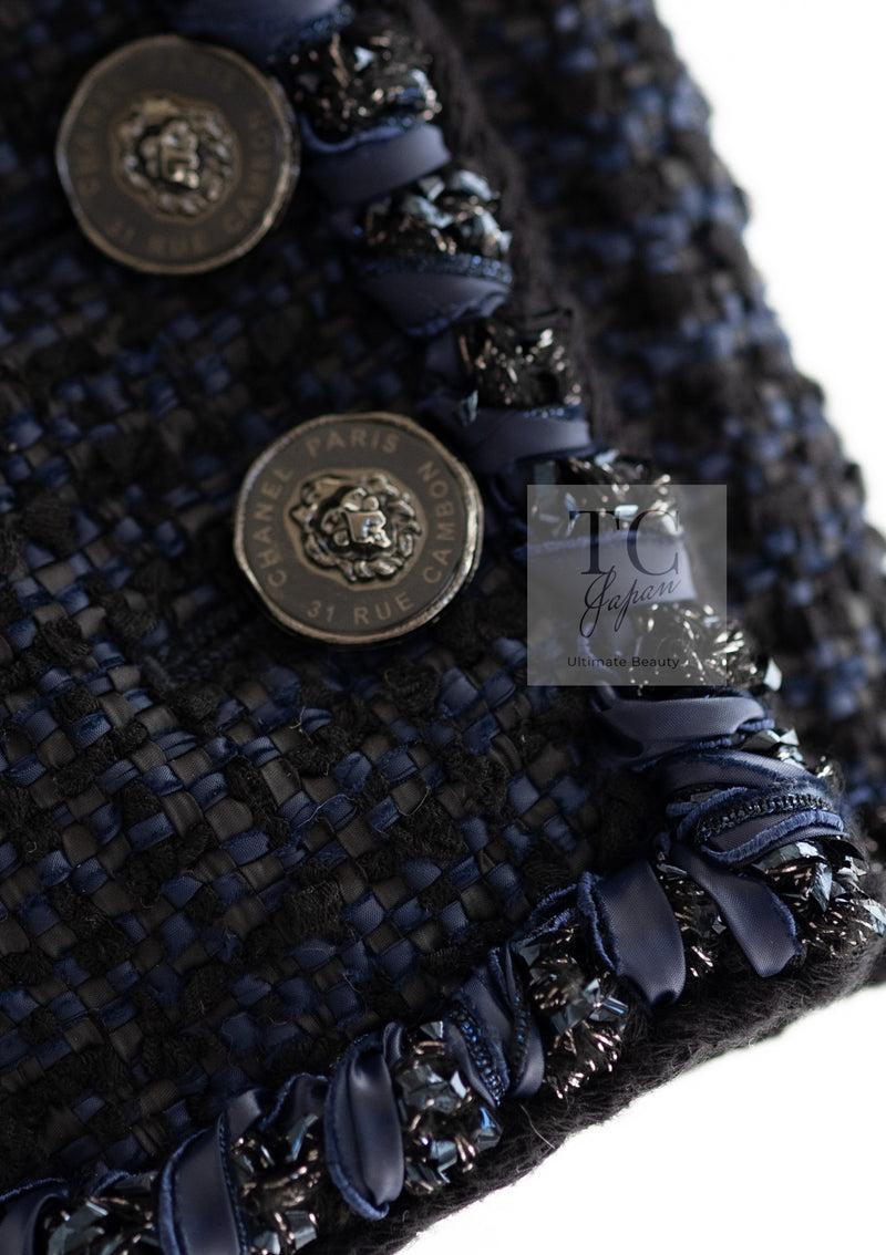 CHANEL 22PS Black Dark Navy Blue Lion Button Tweed Jacket 34 36 シャネル ブラック ダーク ネイビー ブルー ライオン ボタン ツイード ジャケット 即発