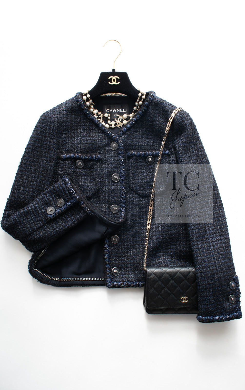 CHANEL 22PS Black Dark Navy Blue Lion Button Tweed Jacket 34 36 シャネル ブラック  ダーク ネイビー ブルー ライオン ボタン ツイード ジャケット 即発