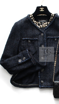 CHANEL 22PS Black Dark Navy Blue Lion Button Tweed Jacket 34 36 シャネル ブラック ダーク ネイビー ブルー ライオン ボタン ツイード ジャケット 即発