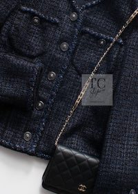 CHANEL 22PS Black Dark Navy Blue Lion Button Tweed Jacket 34 36 シャネル ブラック ダーク ネイビー ブルー ライオン ボタン ツイード ジャケット 即発