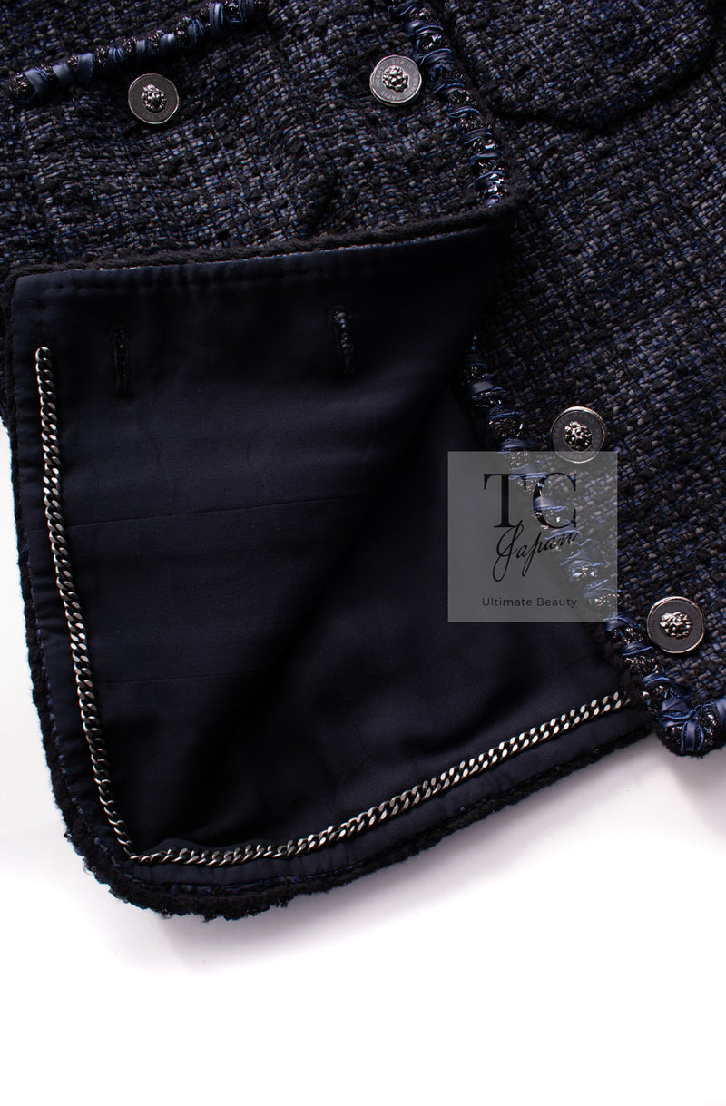 CHANEL 22PS Black Dark Navy Blue Lion Button Tweed Jacket 34 36 シャネル ブラック ダーク ネイビー ブルー ライオン ボタン ツイード ジャケット 即発