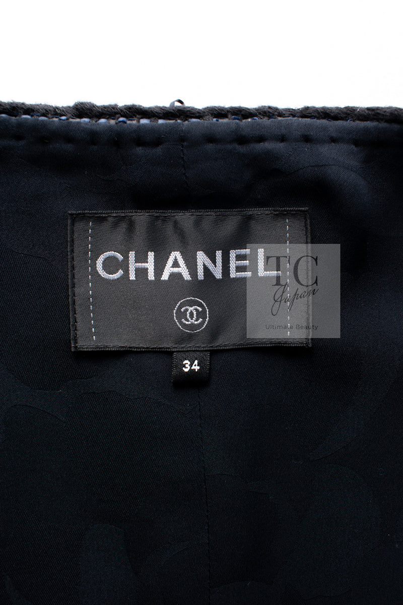 CHANEL 22PS Black Dark Navy Blue Lion Button Tweed Jacket 34 36 シャネル ブラック ダーク ネイビー ブルー ライオン ボタン ツイード ジャケット 即発