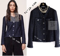 CHANEL 22PS Black Dark Navy Blue Lion Button Tweed Jacket 34 36 シャネル ブラック ダーク ネイビー ブルー ライオン ボタン ツイード ジャケット 即発