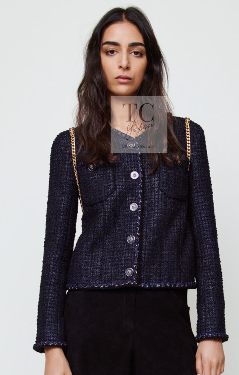 CHANEL 22PS Black Dark Navy Blue Lion Button Tweed Jacket 34 36 シャネル ブラック ダーク ネイビー ブルー ライオン ボタン ツイード ジャケット 即発