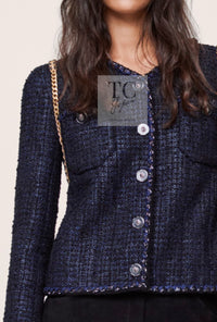 CHANEL 22PS Black Dark Navy Blue Lion Button Tweed Jacket 34 36 シャネル ブラック ダーク ネイビー ブルー ライオン ボタン ツイード ジャケット 即発