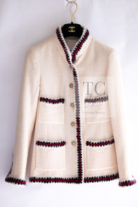 CHANEL 10PF Ivory Red Navy Blade Trim Wool Tweed Jacket Skirt Suit 36 38 シャネル アイボリー レッド ネイビー ブレイド トリム ウール ツイード ジャケット スカート スーツ 即発