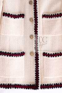 CHANEL 10PF Ivory Red Navy Blade Trim Wool Tweed Jacket Skirt Suit 36 38 シャネル アイボリー レッド ネイビー ブレイド トリム ウール ツイード ジャケット スカート スーツ 即発