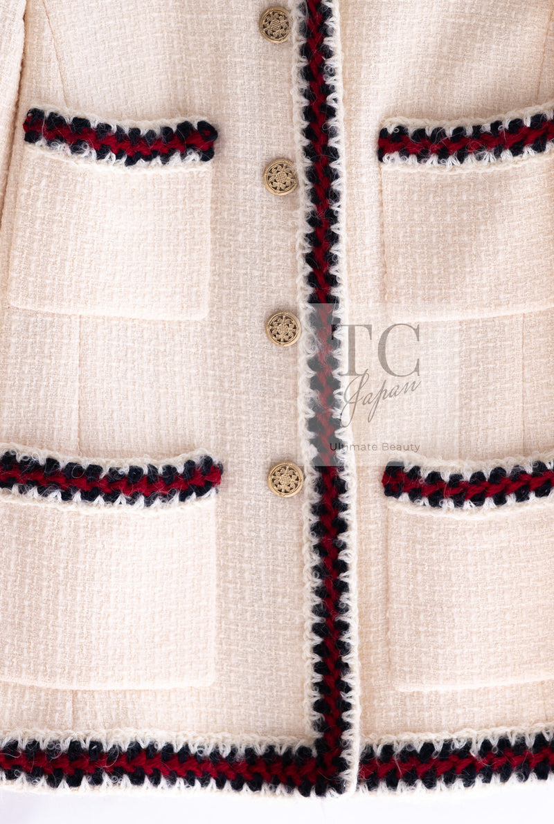 CHANEL 10PF Ivory Red Navy Blade Trim Wool Tweed Jacket Skirt Suit 36 38 シャネル アイボリー レッド ネイビー ブレイド トリム ウール ツイード ジャケット スカート スーツ 即発