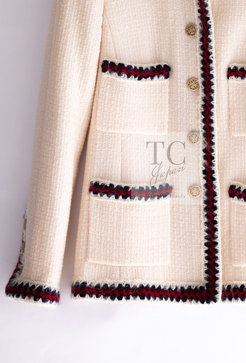 CHANEL 10PF Ivory Red Navy Blade Trim Wool Tweed Jacket Skirt Suit 36 38 シャネル アイボリー レッド ネイビー ブレイド トリム ウール ツイード ジャケット スカート スーツ 即発