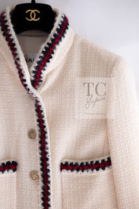 CHANEL 10PF Ivory Red Navy Blade Trim Wool Tweed Jacket Skirt Suit 36 38 シャネル アイボリー レッド ネイビー ブレイド トリム ウール ツイード ジャケット スカート スーツ 即発