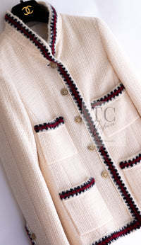 CHANEL 10PF Ivory Red Navy Blade Trim Wool Tweed Jacket Skirt Suit 36 38 シャネル アイボリー レッド ネイビー ブレイド トリム ウール ツイード ジャケット スカート スーツ 即発