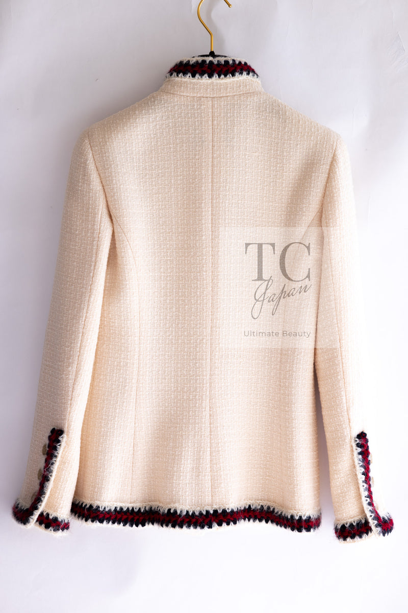 CHANEL 10PF Ivory Red Navy Blade Trim Wool Tweed Jacket Skirt Suit 36 38 シャネル アイボリー レッド ネイビー ブレイド トリム ウール ツイード ジャケット スカート スーツ 即発