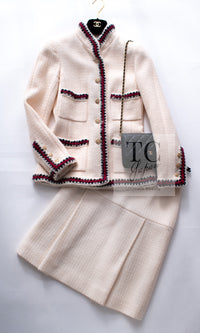 CHANEL 10PF Ivory Red Navy Blade Trim Wool Tweed Jacket Skirt Suit 36 38 シャネル アイボリー レッド ネイビー ブレイド トリム ウール ツイード ジャケット スカート スーツ 即発