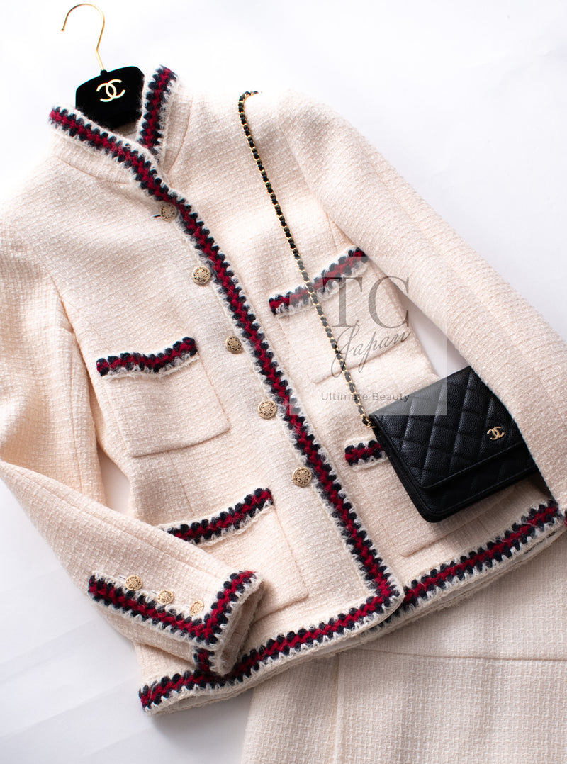 CHANEL 10PF Ivory Red Navy Blade Trim Wool Tweed Jacket Skirt Suit 36 38 シャネル アイボリー レッド ネイビー ブレイド トリム ウール ツイード ジャケット スカート スーツ 即発