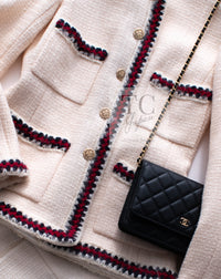 CHANEL 10PF Ivory Red Navy Blade Trim Wool Tweed Jacket Skirt Suit 36 38 シャネル アイボリー レッド ネイビー ブレイド トリム ウール ツイード ジャケット スカート スーツ 即発