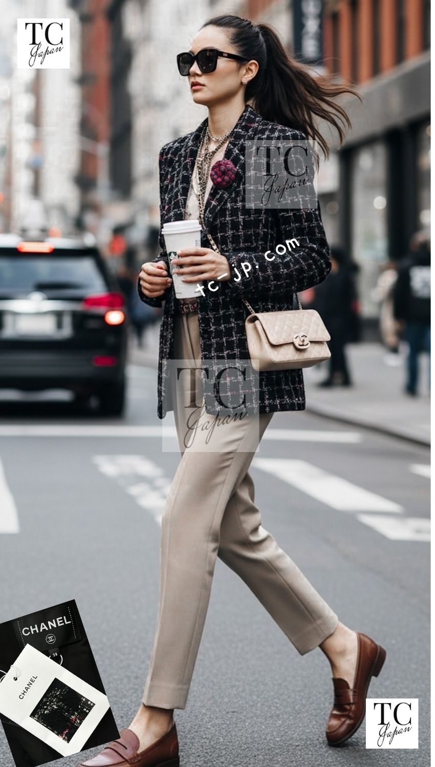 CHANEL 22A Black Multicolor Rhinestone Buttons Tweed Jacket 40 シャネル ブラック マルチカラー コットン ウール ラインストーン ボタン ツイード ジャケット 即発